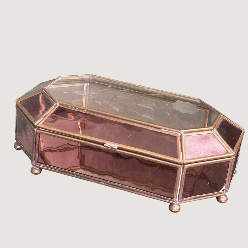 Vintage Purple Glass Jewelry Trinket Box Octagon Brass Etched Floral Lid